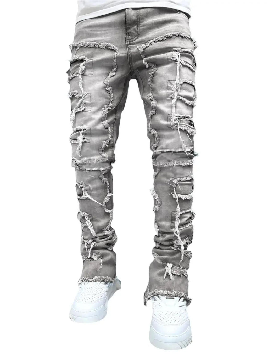 Ripped Slim Fit Destroyed Straight Denim Street Grey