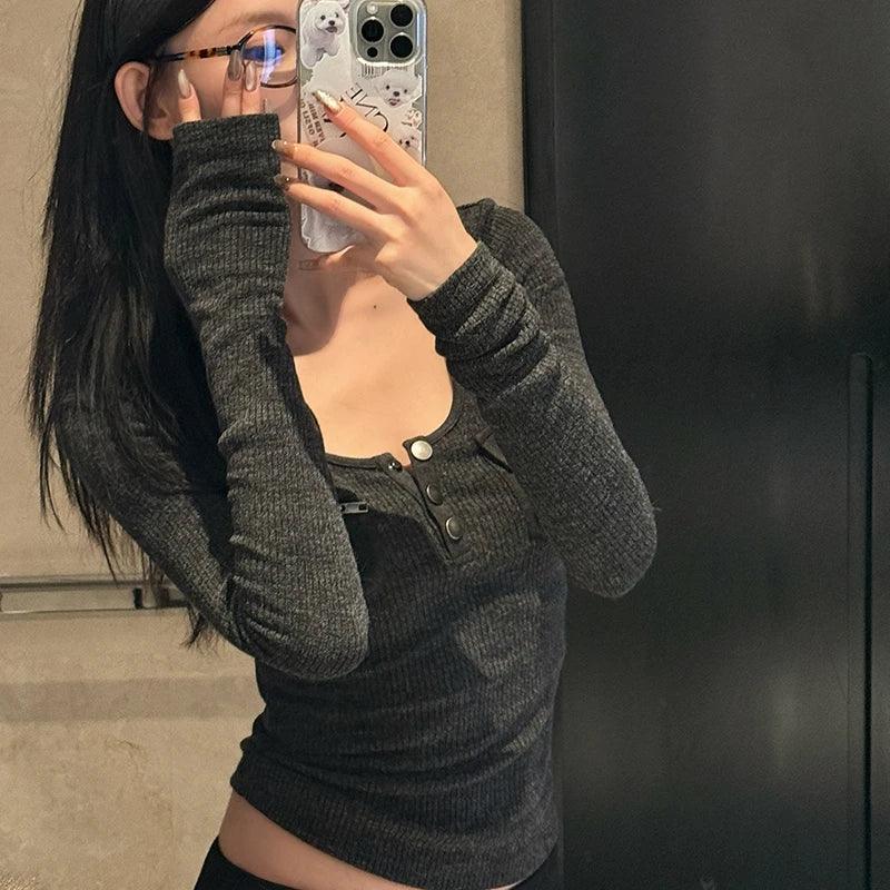 Vintage Long Sleeve Skinny Y2k Crop Top Streetwear