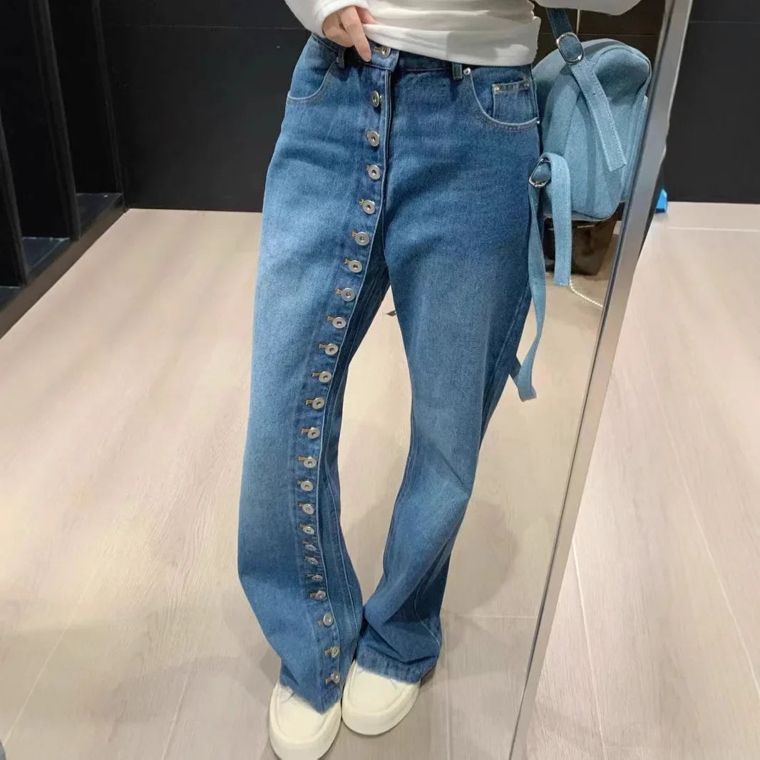 American high street breasted design straight jeans women's autumn and winter new high waist design fashion loose slim pants.