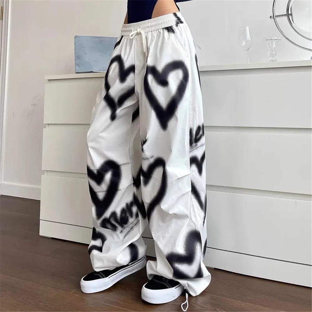 Love Graffiti Elastic High Waist Drawstring Sweatpants WHITE
