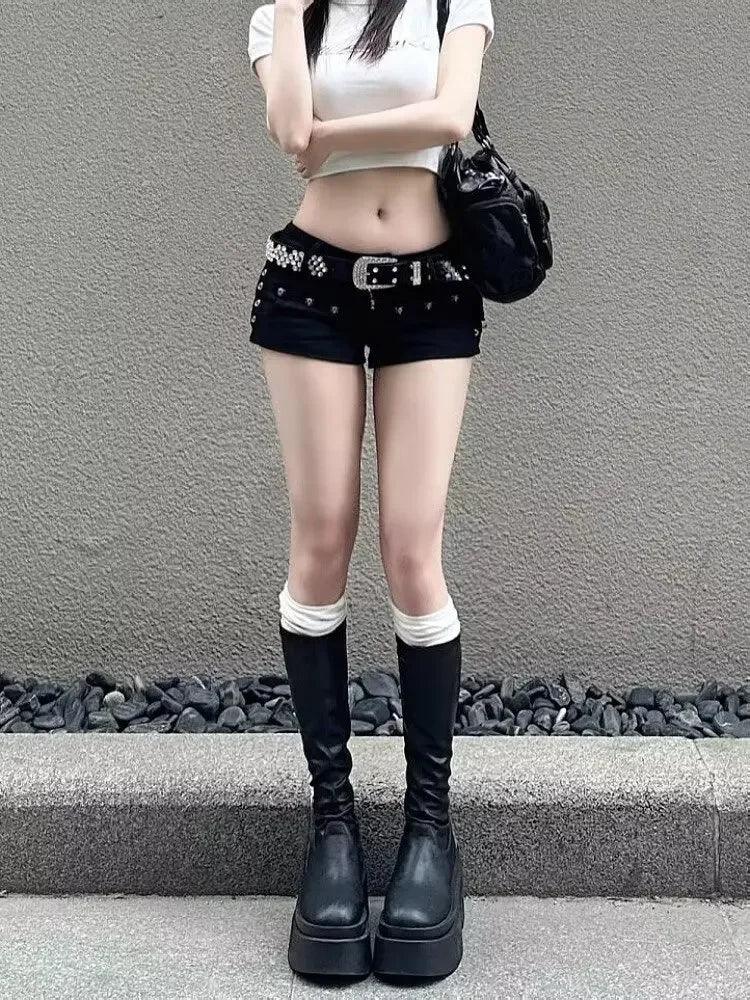 American Style Y2K Black Denim Shorts | Sexy Low Waist Curve black