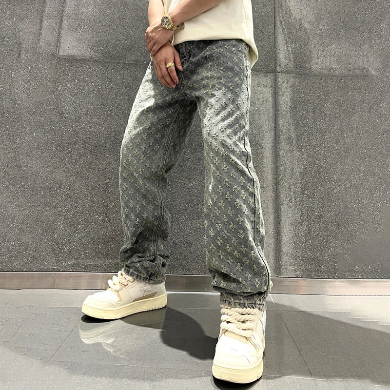 Jacquard Pattern | Denim Baggy Bottoms Distressed - Amplify