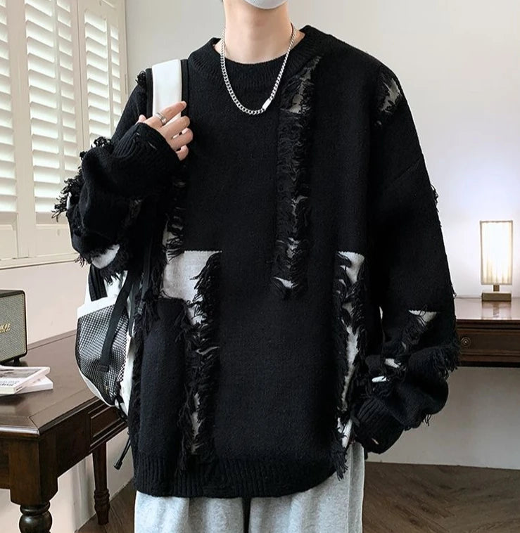 Men's Knit Sweater with Holes Autumnr and Winter Aesthetic Woven Korean Knitwear Popular Clothes Y2k Round Collar Pullovers Male