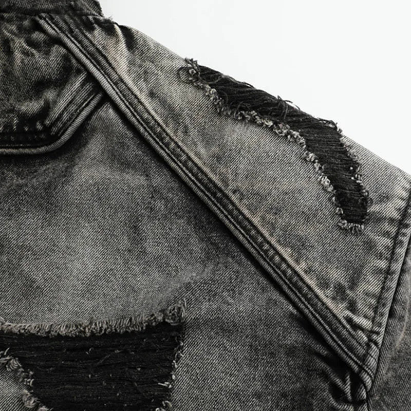 Wasteland Style Washed & Damaged Hooded Denim Jacket - Amplify