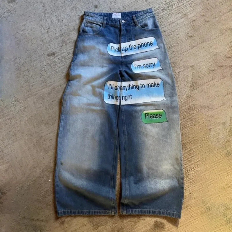 Y2K men Jeans American Pattern letter jeans 2000s vintage Harajuku gothic fashion Hip Hop men women aesthetic Daily Streetwear