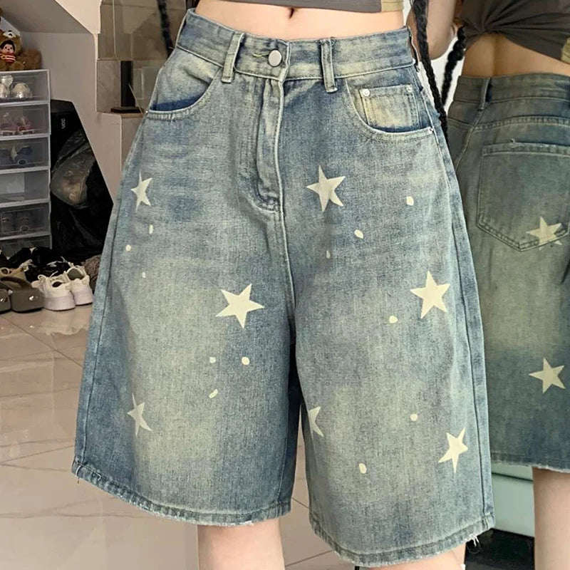 High Waist Old Star Knee Length Shorts