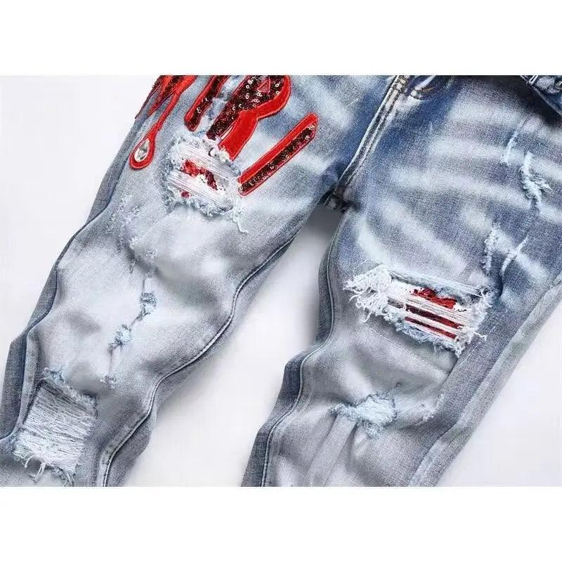 High Street Stretch Embroidery Ripped Streetwear