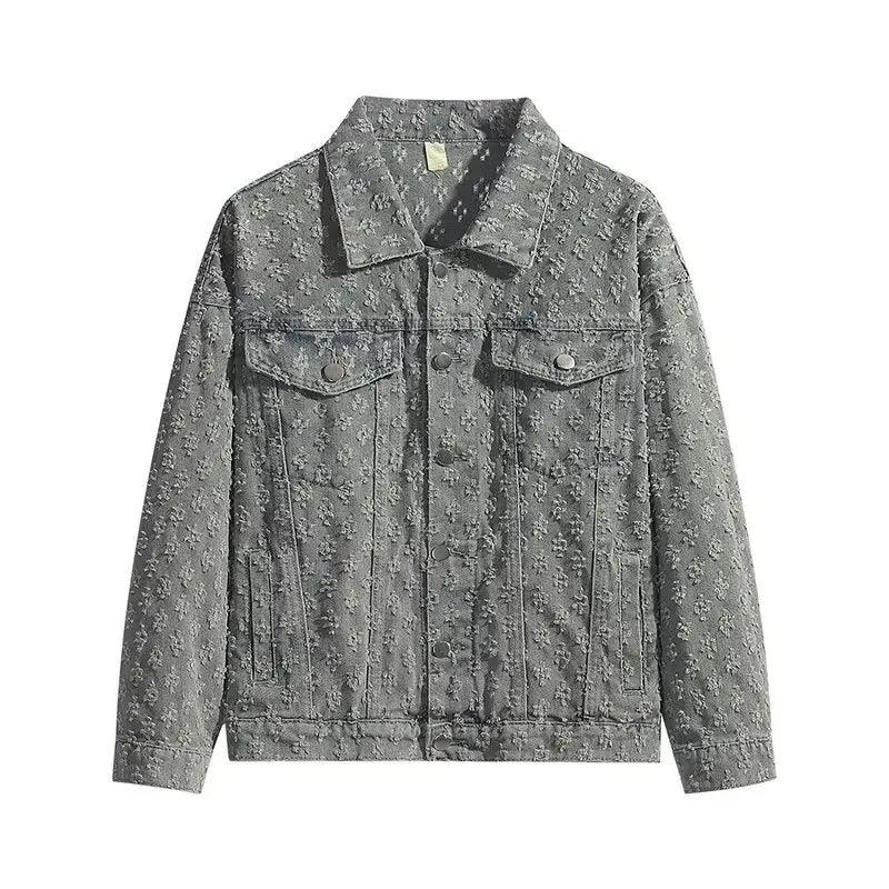 Jacquard Pattern Denim Vintage Jean Coat | Casual Lapel Shirt Wide-Leg Pants BUNDLE B111 Blue top