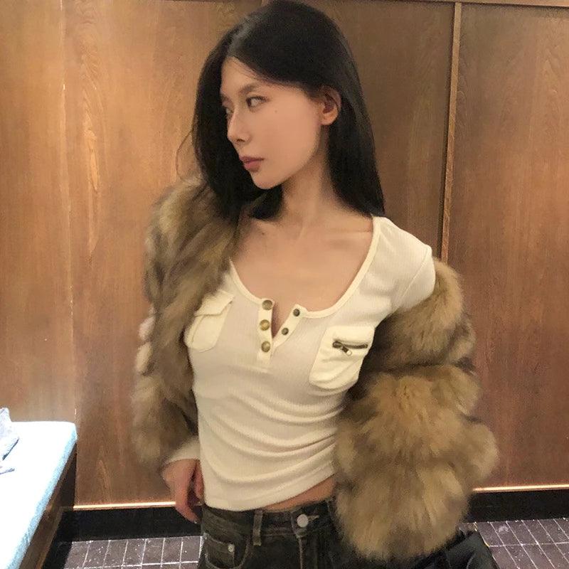 Vintage Long Sleeve Skinny Y2k Crop Top Streetwear