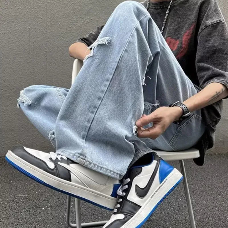 Men Straight Leg Denim Jeans Male New Fashion Casual Loose High Street Y2k Pants New Wide Leg Hip Hop Black Blue Pants